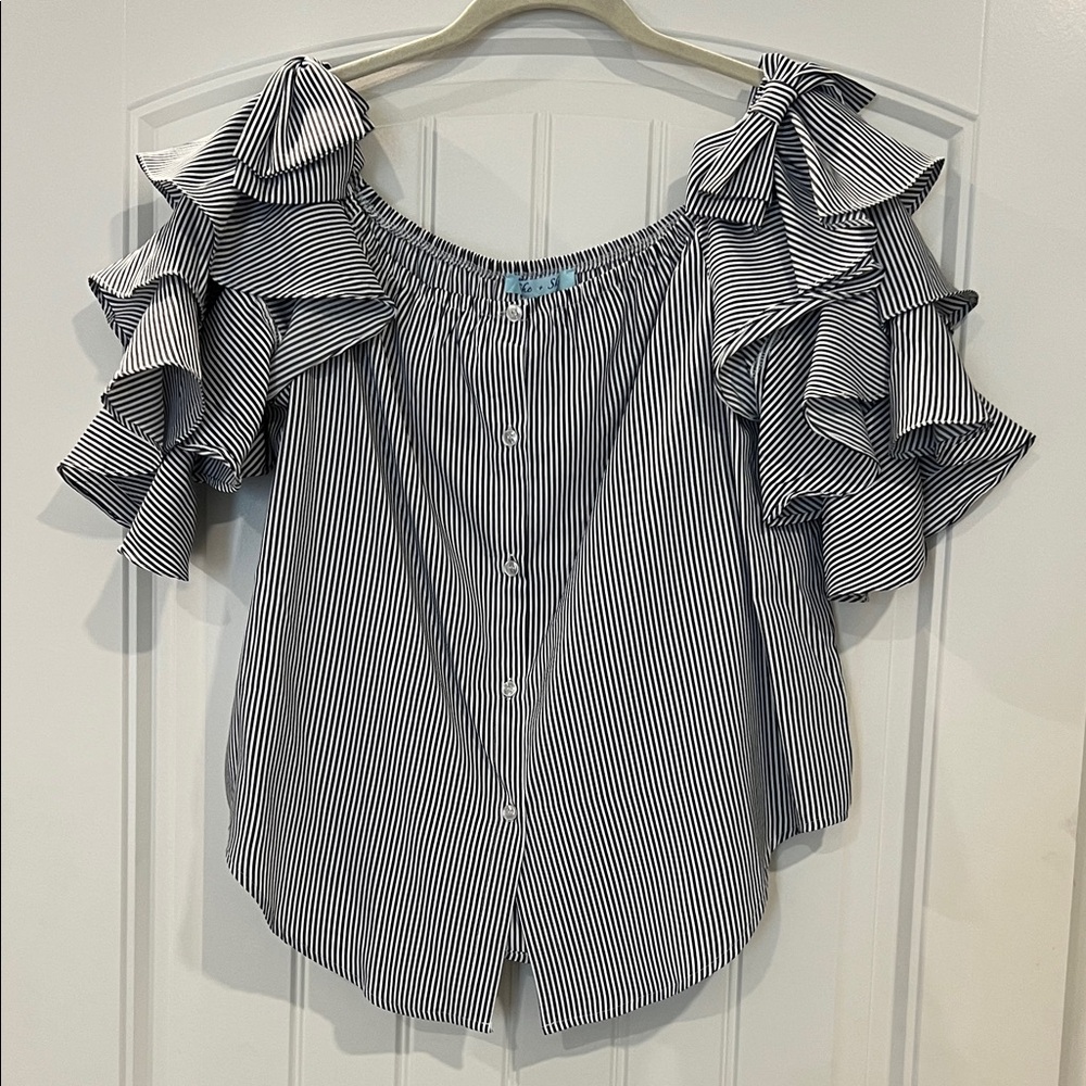 She and Sky Black and White Striped Ruffle Blouse